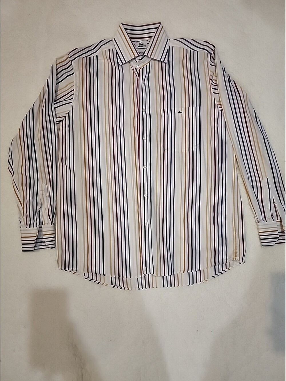 EUC Lacoste Red Orange Yellow White Striped Cotton Shirt Size 42 US 49" L/XL